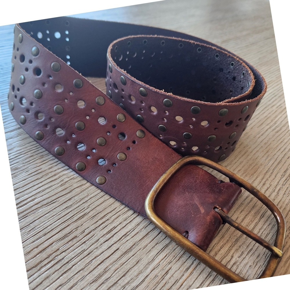 VTG Y2K Express Studded Leather Boho Belt Medium Brown Grommet Western Wide M